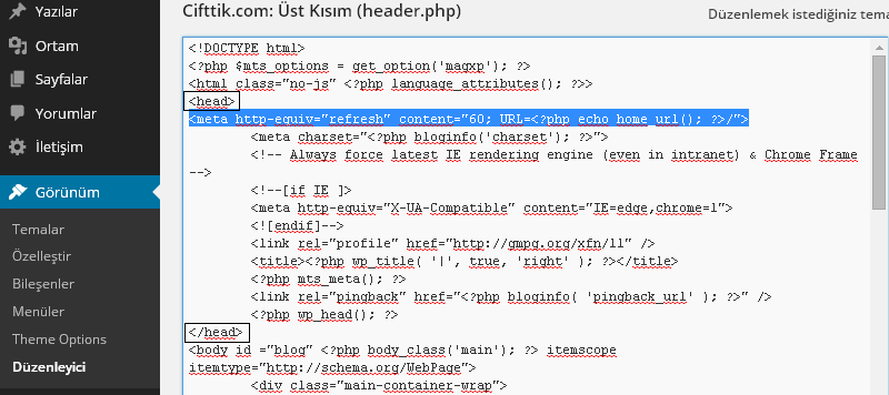 WordPress Otomatik Sayfa Yenileme Refresh Kodu